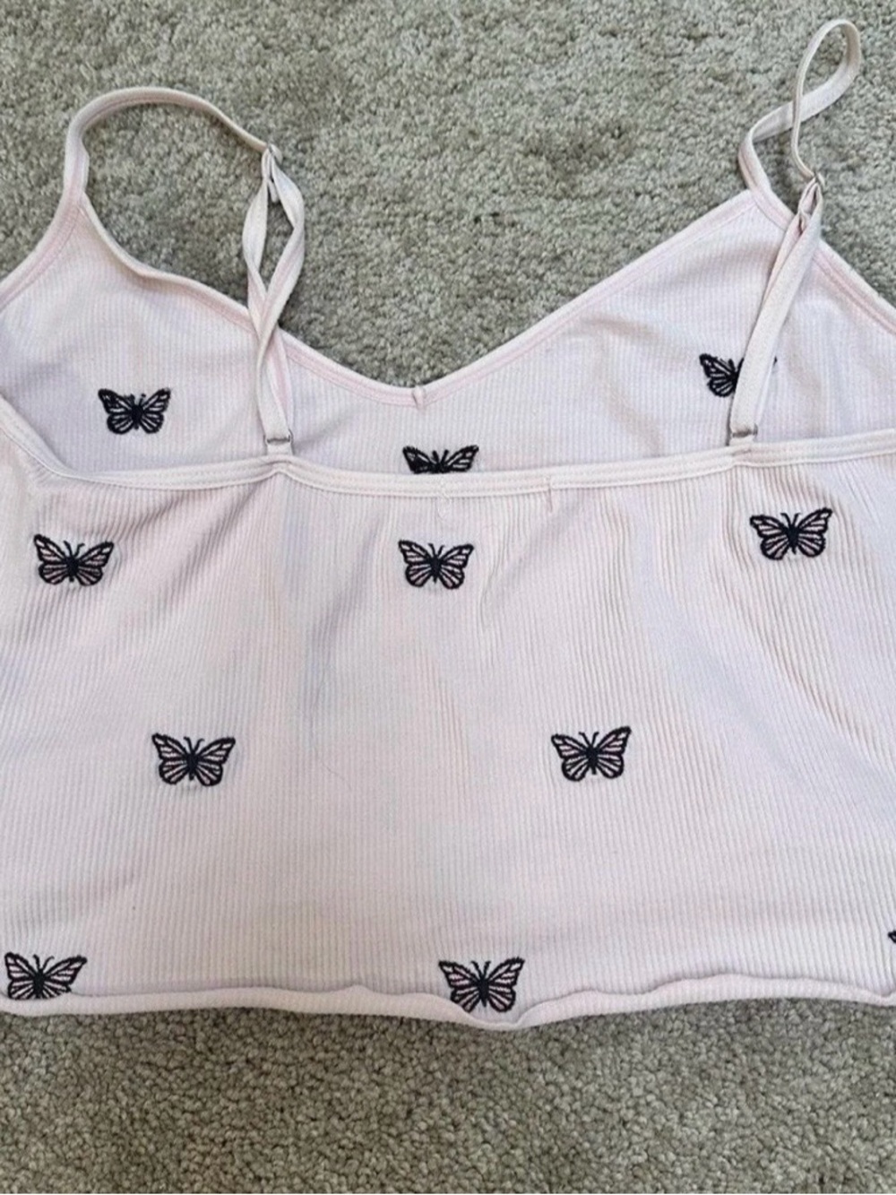 Women’s Y2K Stretch Butterfly Embroidery Light Pink Crop Tank Top Cami Sz Large - Picture 7 of 7